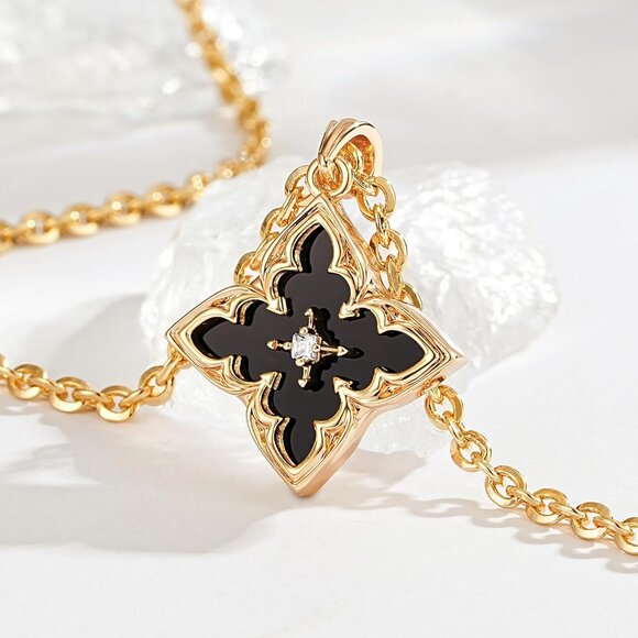 Gold Clover Necklace Women Dainty 14K Gold Black Onyx Pendant Adjustable Chain - Picture 4 of 6